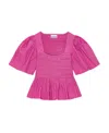 Ganni Pink Cottonpoplin Open-neck Smock Blouse In Pink