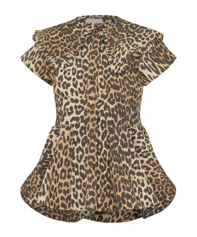Ganni Peter Pan Short Sleeve Blouse In Brown