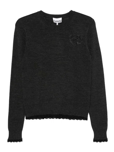 Ganni Phantom Grey Wool Crewneck Sweater In Gray