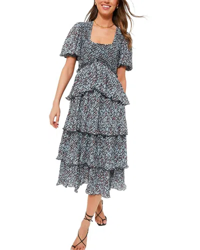 Ganni Phantom Pleated Georgette Layer Smock Midi Dress In Blue