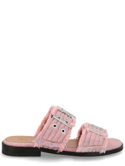 Ganni Fringed Denim Buckle Cameo Pink Textile Sandals