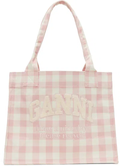 Ganni Pink & White Vichy Check Large Tote In Multi