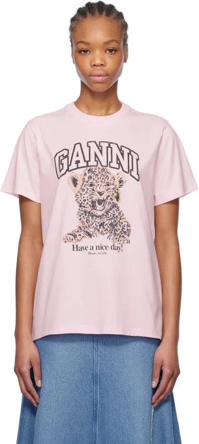 GANNI PINK BASIC JERSEY LEOPARD RELAXED T-SHIRT