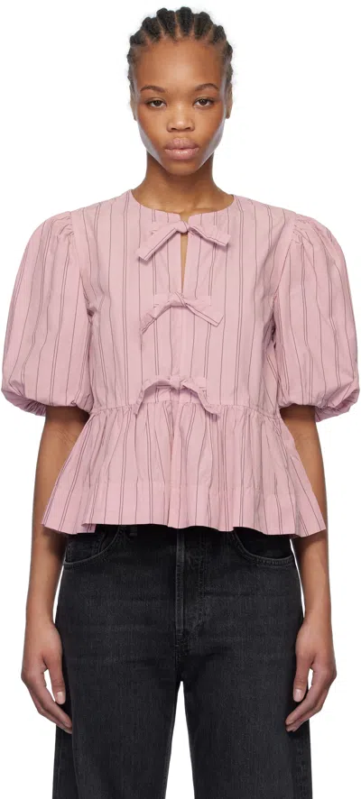 Ganni Striped Cotton Peplum Blouse In 395 Lilac Sachet