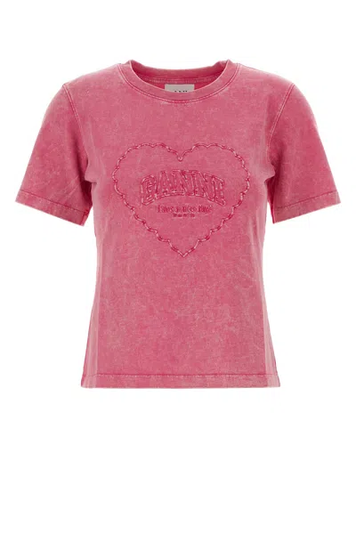 Ganni Cotton T-shirt Featuring Heart Embroidery In Pink