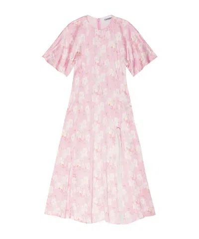 Ganni Pink Floral Stretch Satin Slit Dress In Primrose Pink