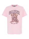 Ganni White T-shirt With Print And Logo Lettering On The Front In Cotton Woman In Pink