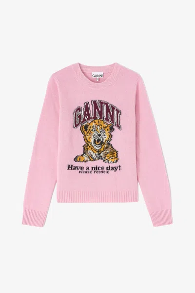 Ganni Graphic Print Long Sleeve Crew Neck Sweater In Pink