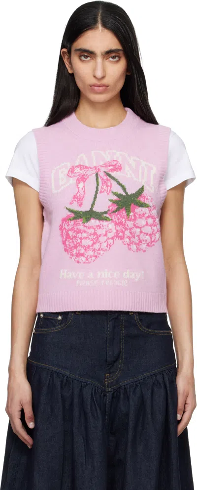 Ganni Pink Graphic Wool Sweater Vest
