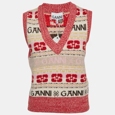 Pre-owned Ganni Pink Intarsia Wool Knit V-neck Sweater Vest S
