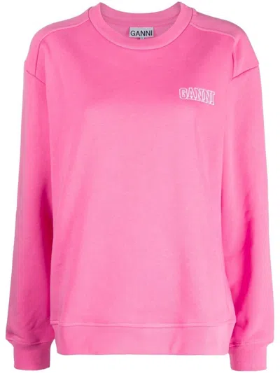 Ganni Pink Logo Crew Neck Sweatshirt