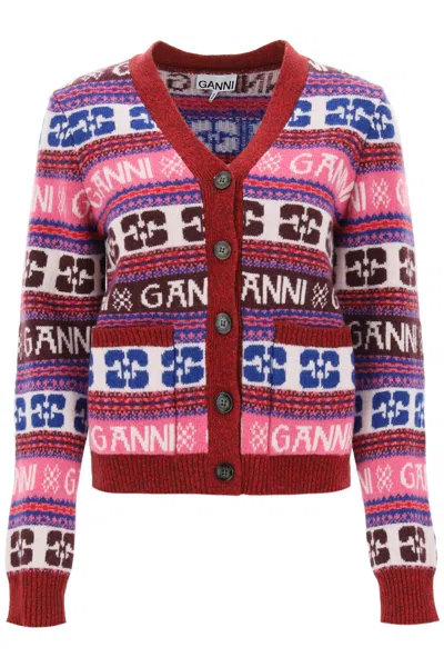Ganni Pink Multicolour Intarsia Knit Wool Cardigan For Women In Tan
