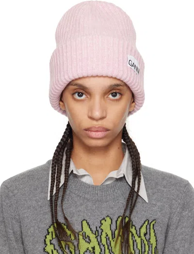 Ganni Pink Oversized Wool Rib Knit Beanie In 395 Lilac Sachet