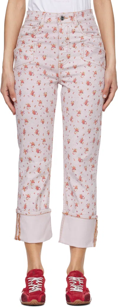 Ganni Pink Printed Capri Slim Jeans In Multi
