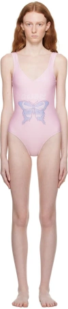 Ganni Pink Printed Swimsuit In 428 Light Lilac