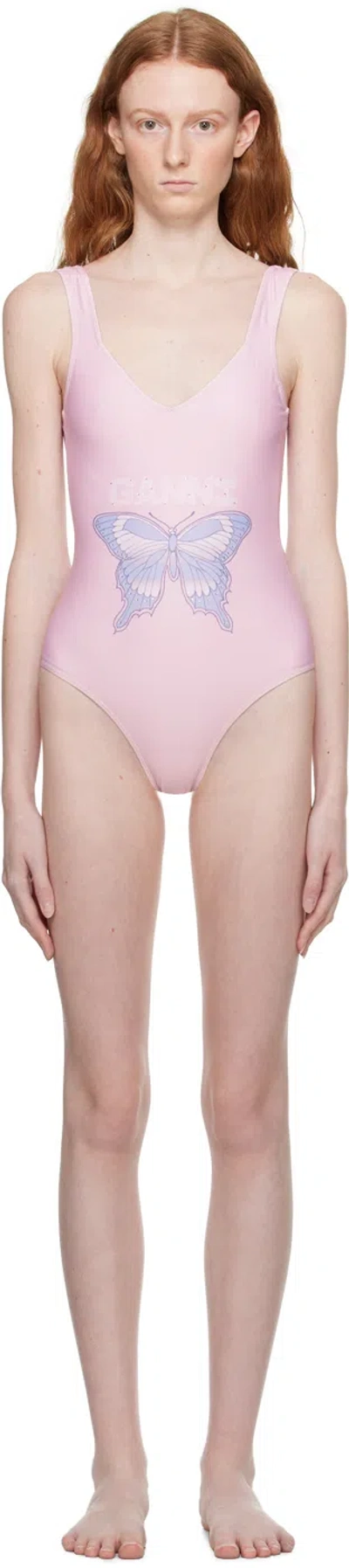Ganni Pink Printed Swimsuit In 428 Light Lilac