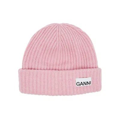 Ganni Pink Ribbed Wool-blend Beanie In Light Pink