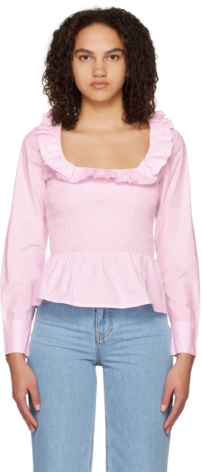 Ganni Light Pink Open-neck Blouse With Ruffles In Cotton In Light Lilac