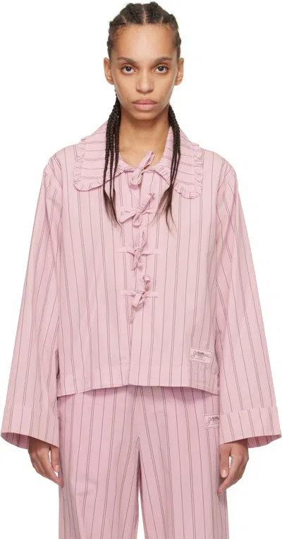 Ganni Stripe Tie Front Organic Cotton Top In Lilac Sachet
