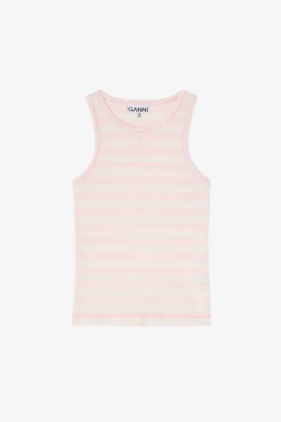 Ganni Pink Stripe Rib Tank Top - Size Xl Organic Cotton