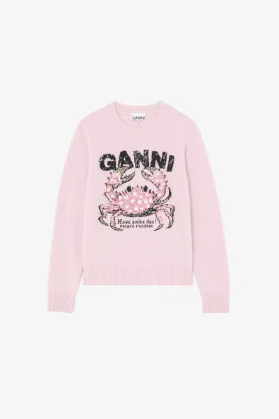 Ganni Pink Sweater With Crab - Size M Wool
