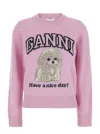 Ganni Wool Sweater With Poodle In Pink