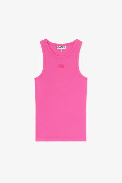 Ganni Logo-patch Ribbed Tank Top In Pink