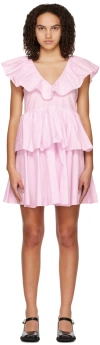 Ganni A V-collar Dress With Lotus Leaf Edge In Pink