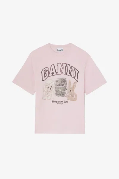 Ganni Pink T-shirt With Animals - Size Xl Organic Cotton