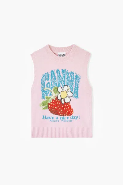 Ganni Pink Vest With Strawberry - Size Xl Wool