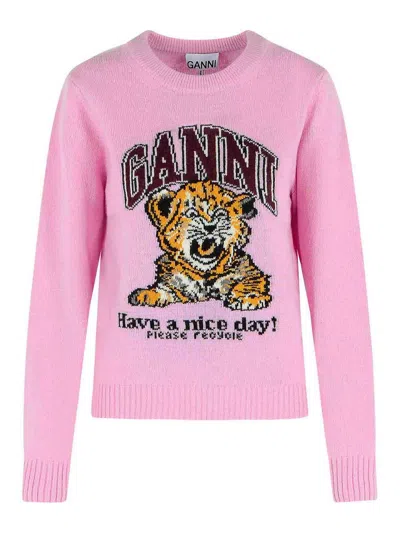 Ganni Graphic Print Long Sleeve Crew Neck Sweater In Pink