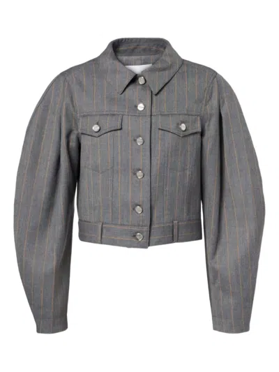 Ganni Pinstripe Balloon-sleeves Jacket In Gray