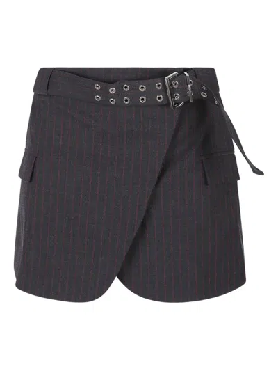 Ganni Belted Pinstriped Woven Wrap Mini Skirt In Blue