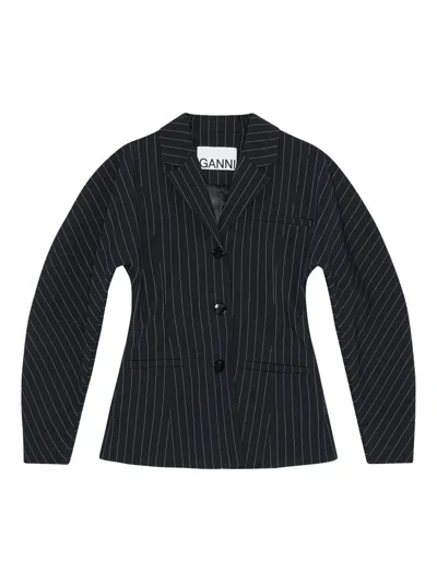 Ganni Pinstripe Button-fastening Blazer In Black