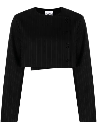 Ganni Pinstripe-print Cropped Jacket In Schwarz