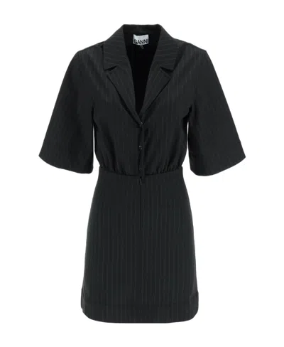 Ganni Pinstripe Shirt Mini Dress In Black