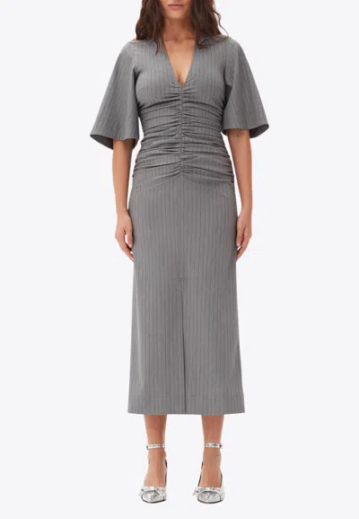Ganni Women's Stripe Suiting V-neck Dress Grey | Size 32 | F9713039
