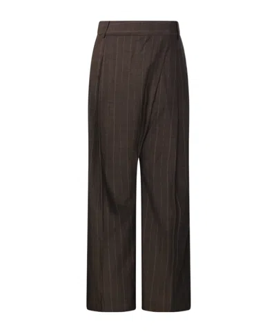 Ganni Pinstripe Wrap-front Trousers In Brown