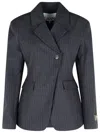 Ganni Pinstriped Black Viscose Blend Blazer Women In Blue