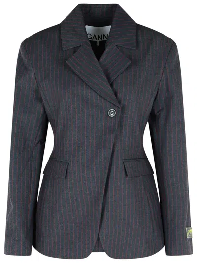 Ganni Pinstriped Black Viscose Blend Blazer In Blue