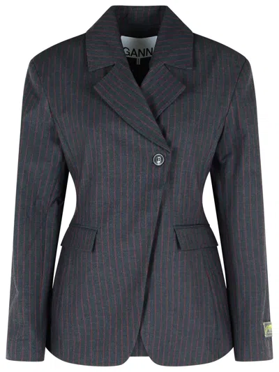 Ganni Pinstriped Black Viscose Blend Blazer Women In Blue