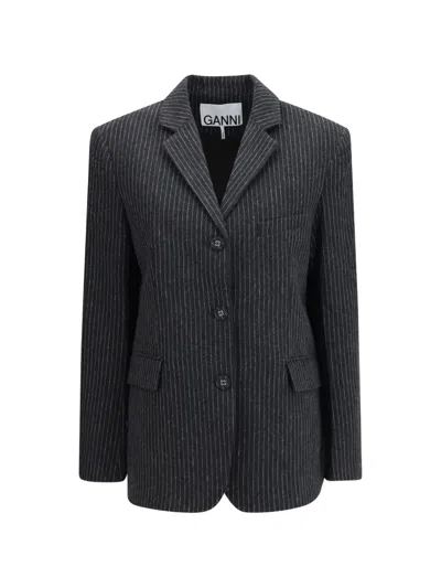 Ganni Pinstripe Flannel Blazer In Gray
