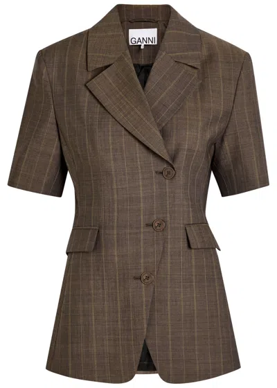 Ganni Pinstriped Double-breasted Wool Blazer In Brown