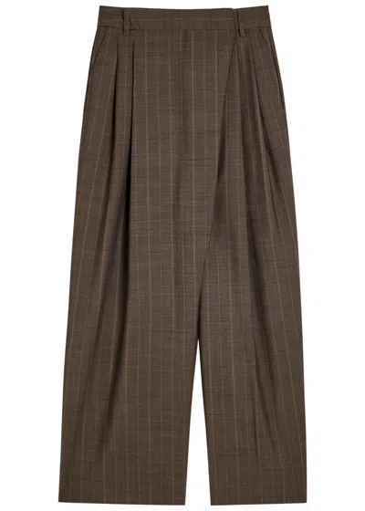 Ganni Pinstriped Wide-leg Wool Wrap Trousers In Brown