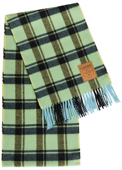 GANNI GANNI PLAID FRINGED WOOL SCARF