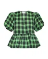 Ganni Plaid Seersucker Surplice Peplum Top In Green