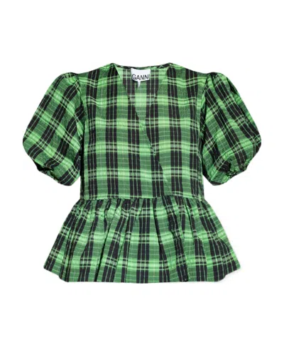 GANNI GANNI SEERSUCKER CHECKED WRAPPED BLOUSE
