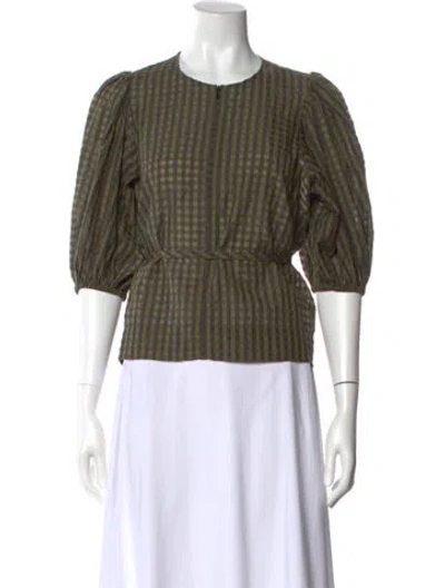 Pre-owned Ganni Plaid Print Crew Neck Blouse In Brown