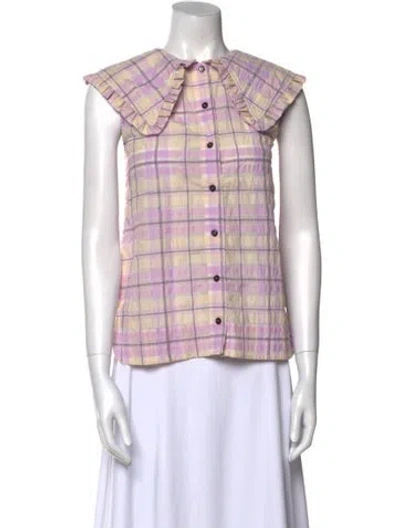 Pre-owned Ganni Plaid Print Crew Neck Blouse W/ Tags In Purple