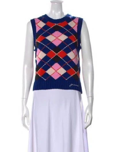Pre-owned Ganni Plaid Print Crew Neck Sweater In Blue